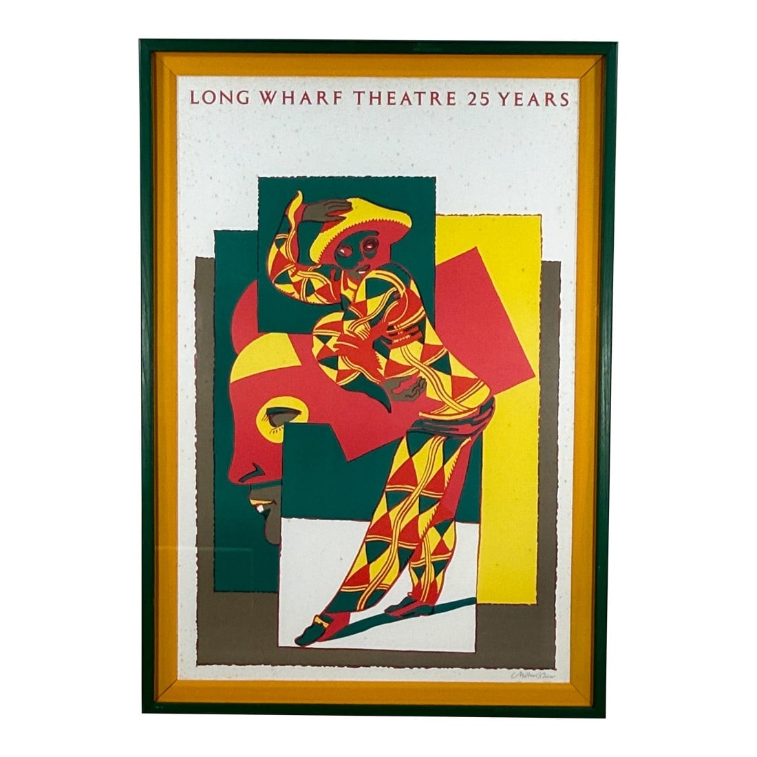 Vintage Original Milton Glaser Lithograph Print / Poster for Long Wharf Theatre 25 Years: This lithograph poster by famed American graphic designer Milton Glaser was created to commemorate the 25th anniversary of Long Wharf Theatre in New Haven, Connecticut. The design features an abstract