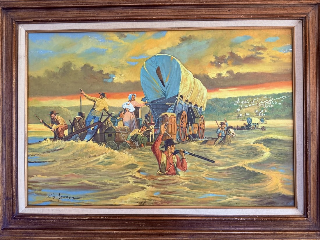 Vintage Original Oil Painting Pioneer Wagon River Crossing Dawn Signed Horman: Original Vintage Oil Painting – American Regionalist Pioneer Scene Signed Horman. Large original oil painting of pioneers fording a river at dawn, painted in the American Regionalist tradition r