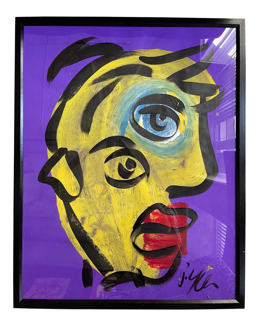 Contemporary Abstract Face Portrait Painting by Peter Keil, Framed: Peter Keil is a German artist that focuses primarily on abstract expressionism. Keil painted with some of the greats including Joan MirÃ³, Pablo Picasso and Andy Warhol, to name a few. This