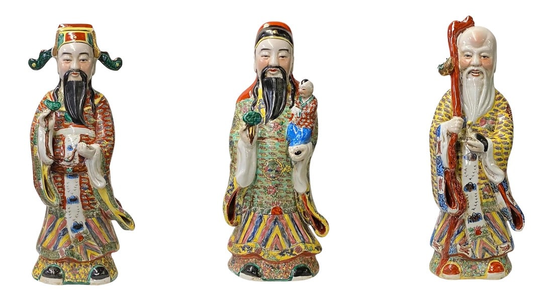 Chinese Canton Color Mixed Fenghsui Fok Lok Shao Figure Set: This is a handmade Chinese accent decorative figure 3 piece set made of porcelain and a multi-color base color. It is a traditional Chinese home accent piece - Fok Lok Shao - 3 Stars which represents 
