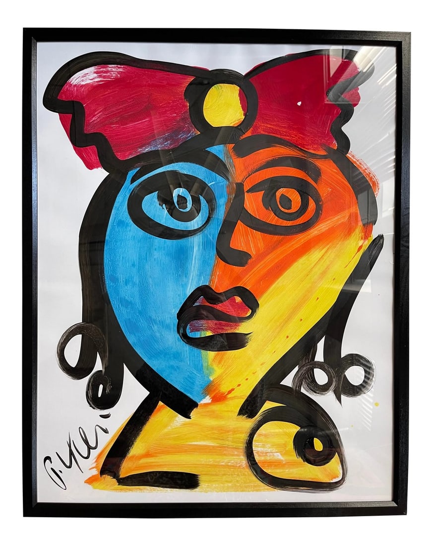 Contemporary Abstract Portrait Painting by Peter Keil, Framed: Peter Keil is a German artist that focuses primarily on abstract expressionism. Keil painted with some of the greats including Joan MirÃ³, Pablo Picasso and Andy Warhol, to name a few. This 
