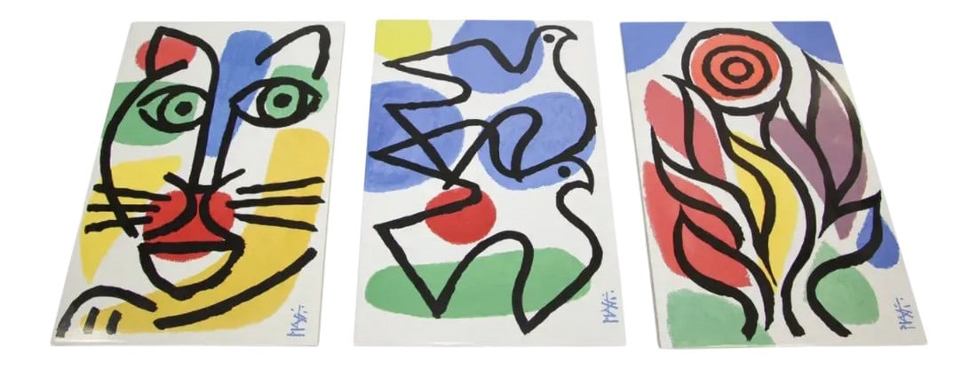 Post Modern Picasso Style Celestino Piatti Ceramic Art Tiles - Set of 3: Set of three, fire, wind, earth, original post modern ceramic tiles by Celestino Piatti. Celestino Piatti (1922 – 2007) – A set of Three 1980s ceramic tiles from the series Earth, Wind,