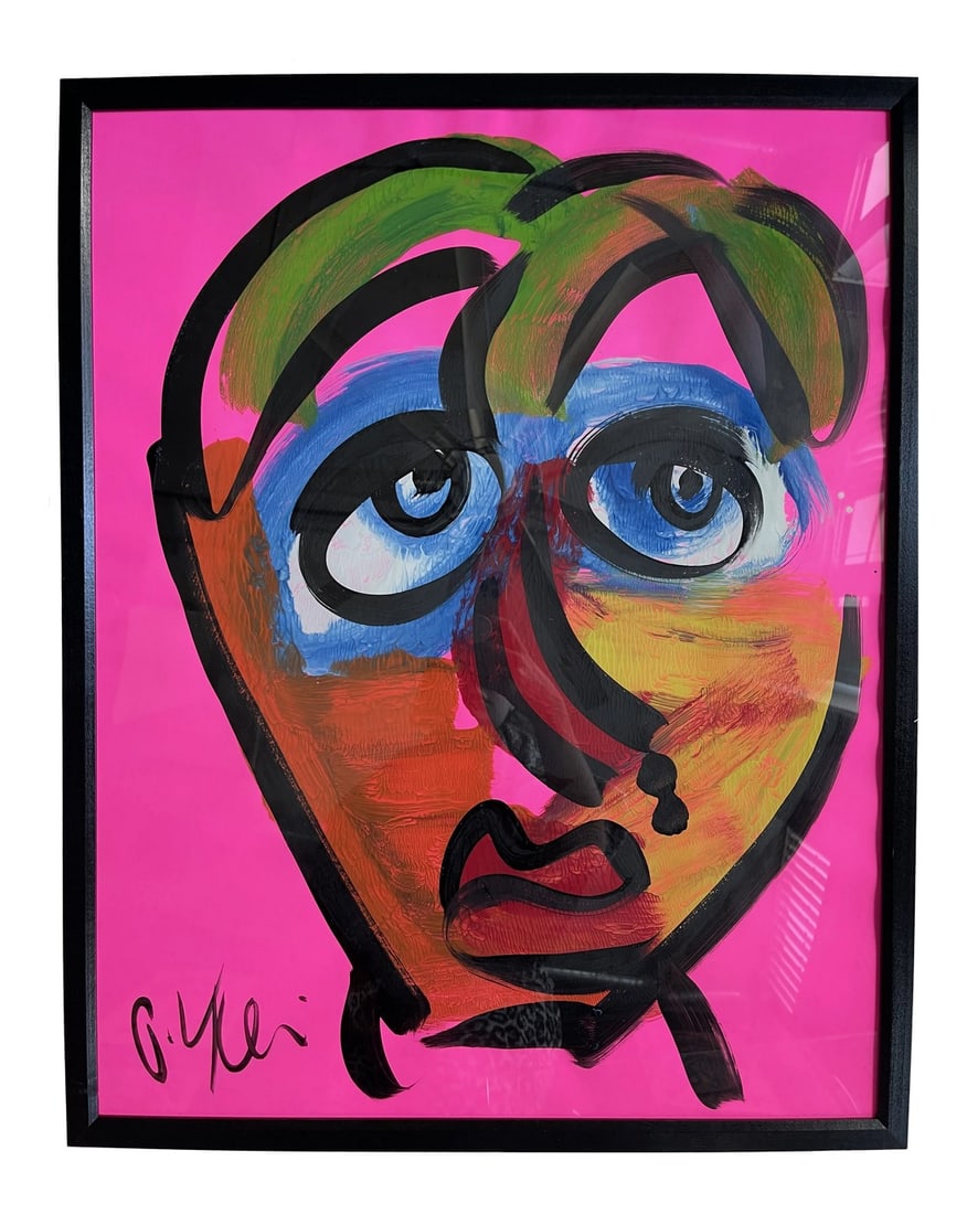Contemporary Abstract Face Portrait Acrylic Painting by Peter Keil, Framed: Peter Keil is a German artist that focuses primarily on abstract expressionism. Keil painted with some of the greats including Joan MirÃ³, Pablo Picasso and Andy Warhol, to name a few. This 