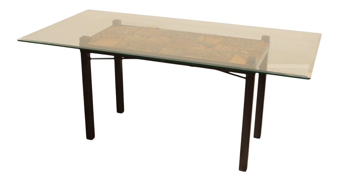 Artisan Modular Driftwood, Iron Base, Glass Top Dining Table: High Quality Heavy Iron Base Table with Artisan Driftwood Panels, Thick Glass Top Condition: Alterations: Original Condition Unaltered Imperfections: Some Imperfections Condition Notes: Clean