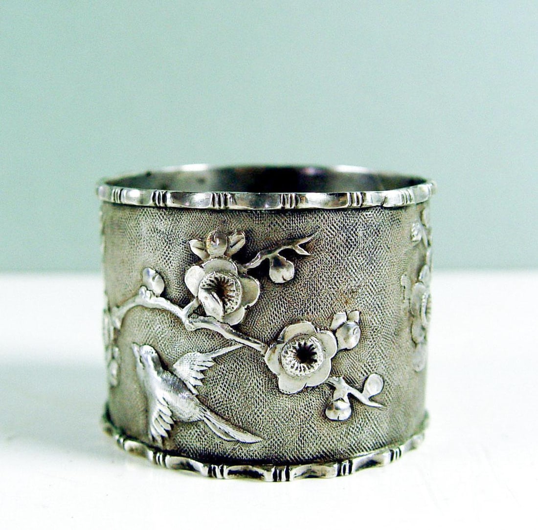 Aesthetic Movement Sterling Silver Birds Cherry Blossoms Chinese Export Napkin Ring - 2