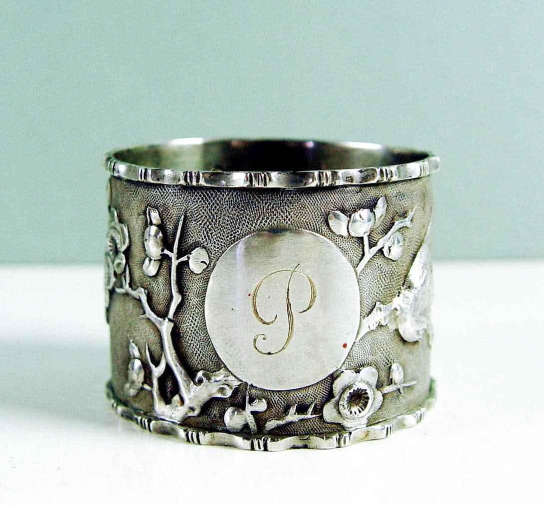 Aesthetic Movement Sterling Silver Birds Cherry Blossoms Chinese Export Napkin Ring - 3