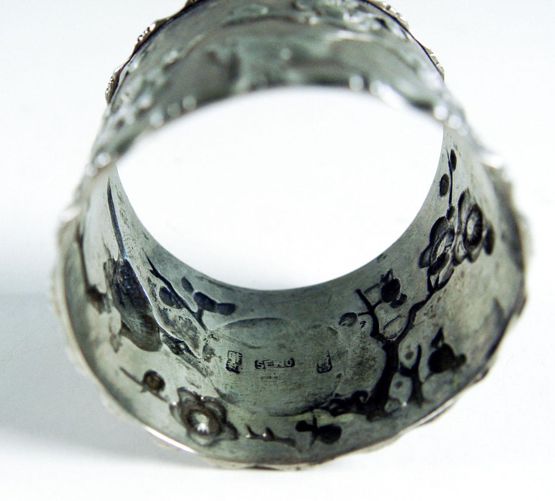Aesthetic Movement Sterling Silver Birds Cherry Blossoms Chinese Export Napkin Ring - 4