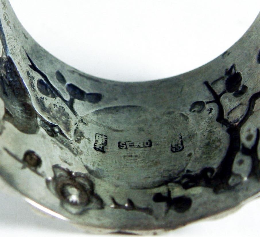 Aesthetic Movement Sterling Silver Birds Cherry Blossoms Chinese Export Napkin Ring - 5
