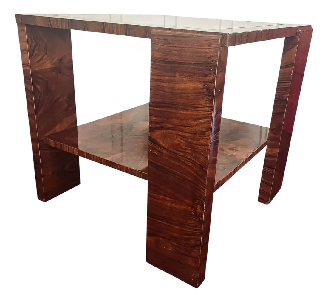 1920s Hungarian Bauhaus Walnut Veneer Two Tier Occasional Table: 1920s Hungarian Bauhaus occasional table in lacquered walnut veneer with two tier design and lower shelf of bookmatched panels. Solid wood frame with clean lines and functional layout. A rare Pre-War 