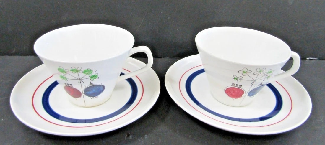 1950s Mid-Century Modern Rörstrand Sweden Pomona Picknick Two Cups and Saucers Design by - 2