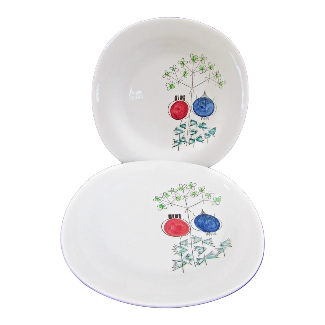 1950s Mid-Century Modern Rörstrand Sweden Pomona Picknick Two Plates Design by Marianne Westman: The Rörstrand Sweden Pomona Picknick Set of Two Plates, designed by Marianne Westman, is a vintage ceramic plate that exudes a Mid-Century Modern style. This round plate features a hand-painted P