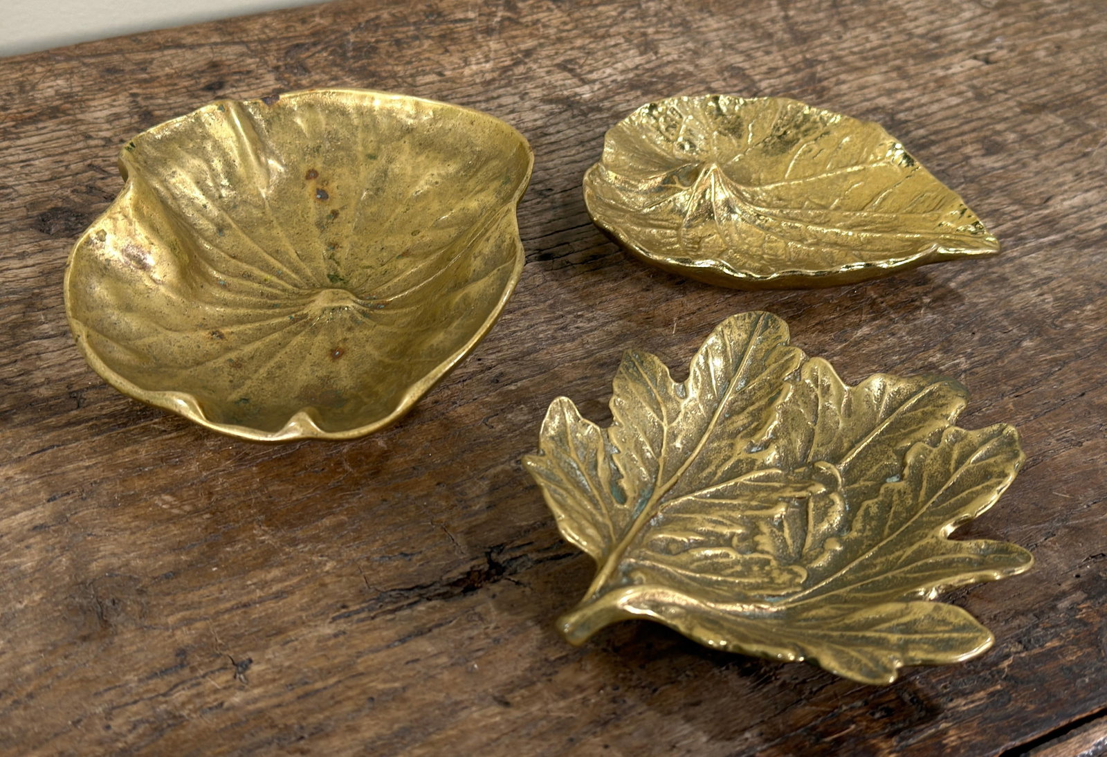 Virginia Metalcrafters Solid Brass Leaf Catchalls, Lotus, Violet & Chrysanthemum - Set of 3 - 3