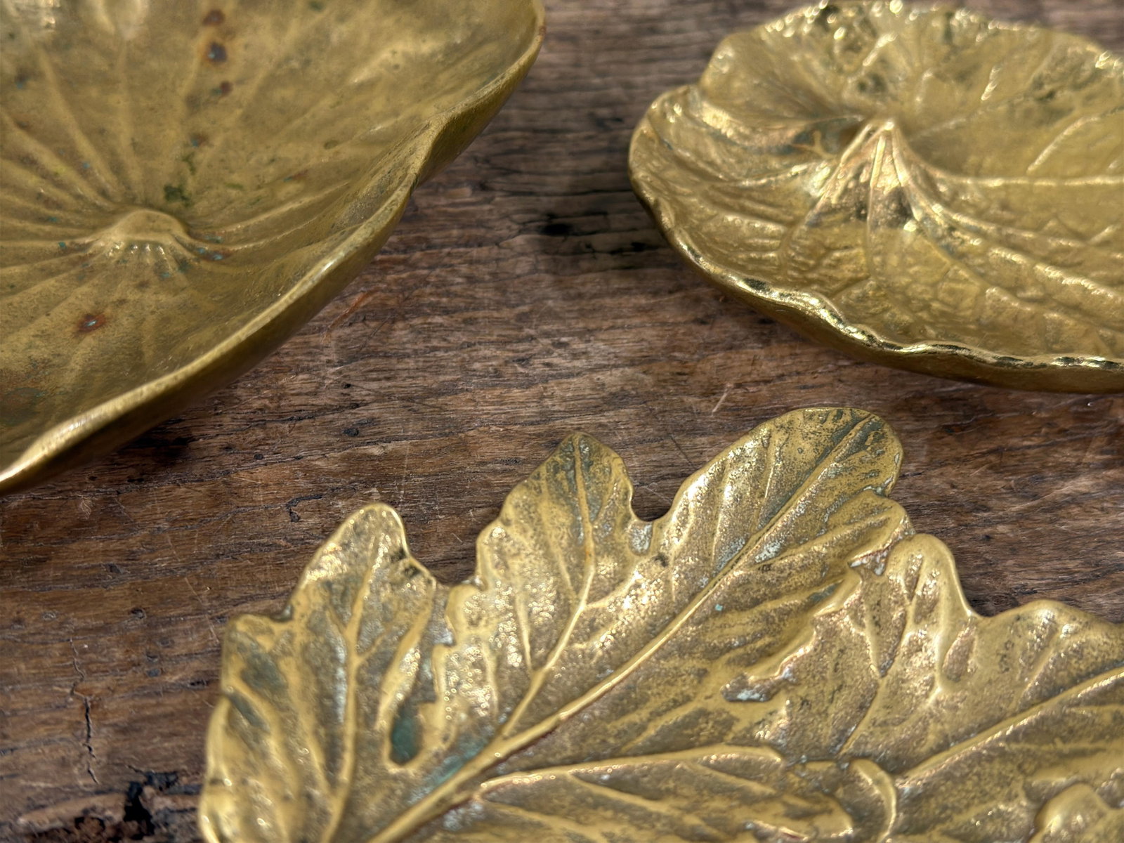 Virginia Metalcrafters Solid Brass Leaf Catchalls, Lotus, Violet & Chrysanthemum - Set of 3 - 5