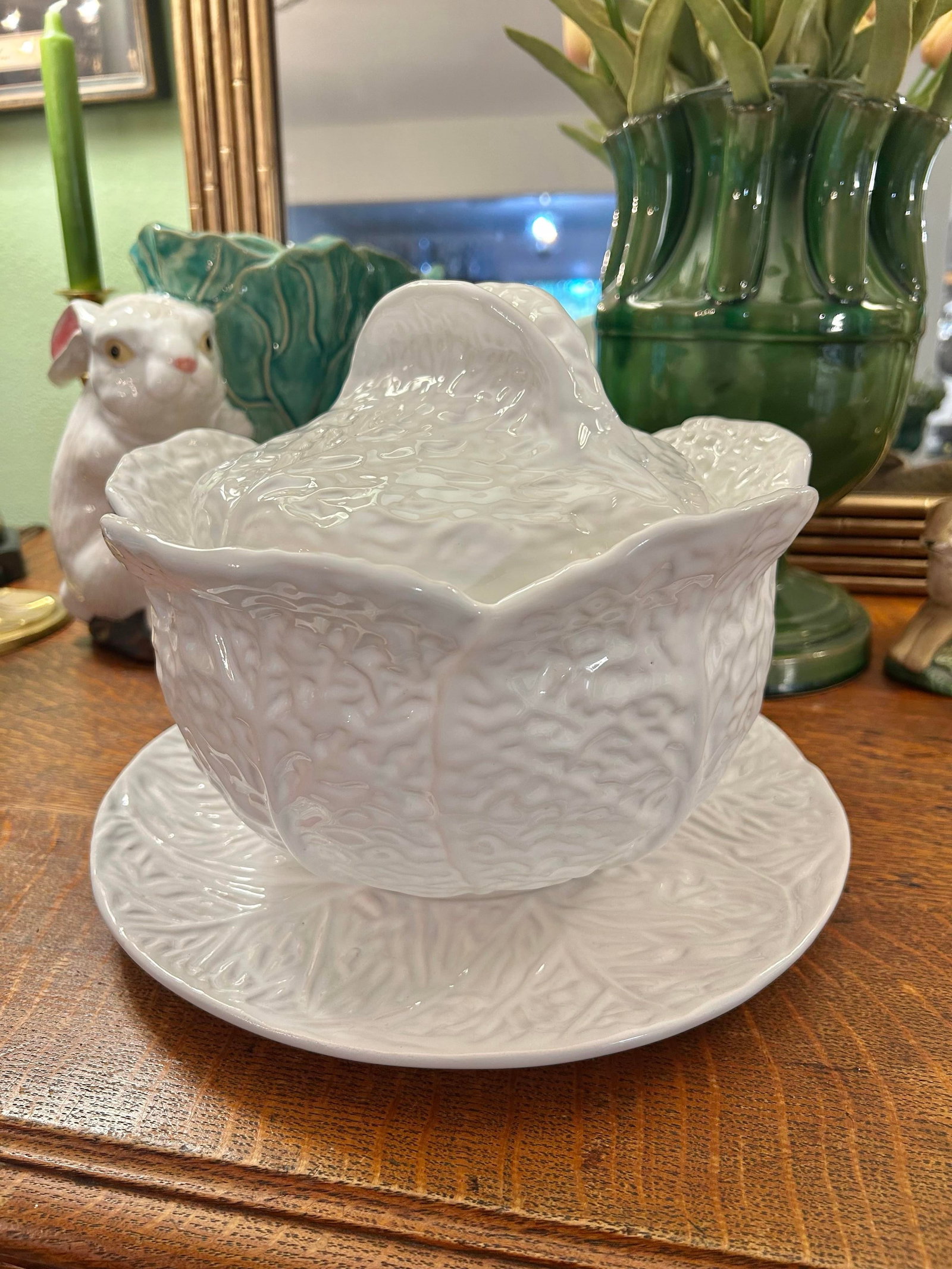 Vintage Portuguese White Majolica Cabbage Ware Tureen With Lid and Underplate - 2