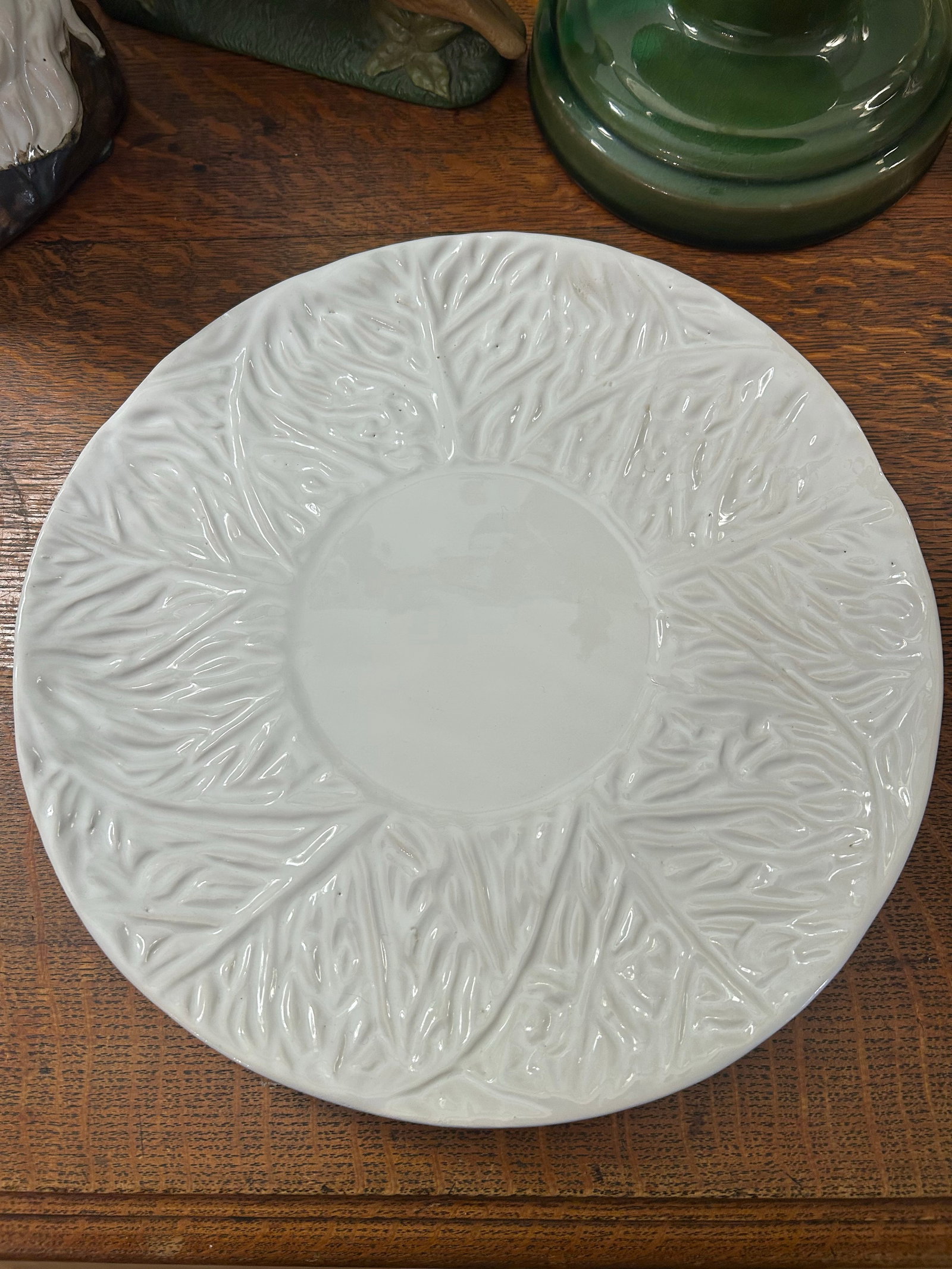 Vintage Portuguese White Majolica Cabbage Ware Tureen With Lid and Underplate - 5