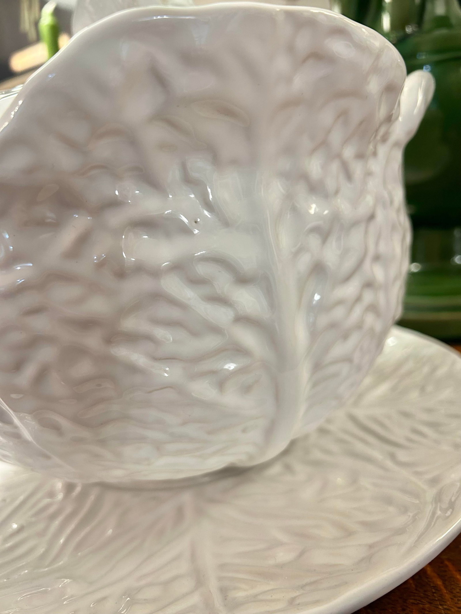 Vintage Portuguese White Majolica Cabbage Ware Tureen With Lid and Underplate - 6