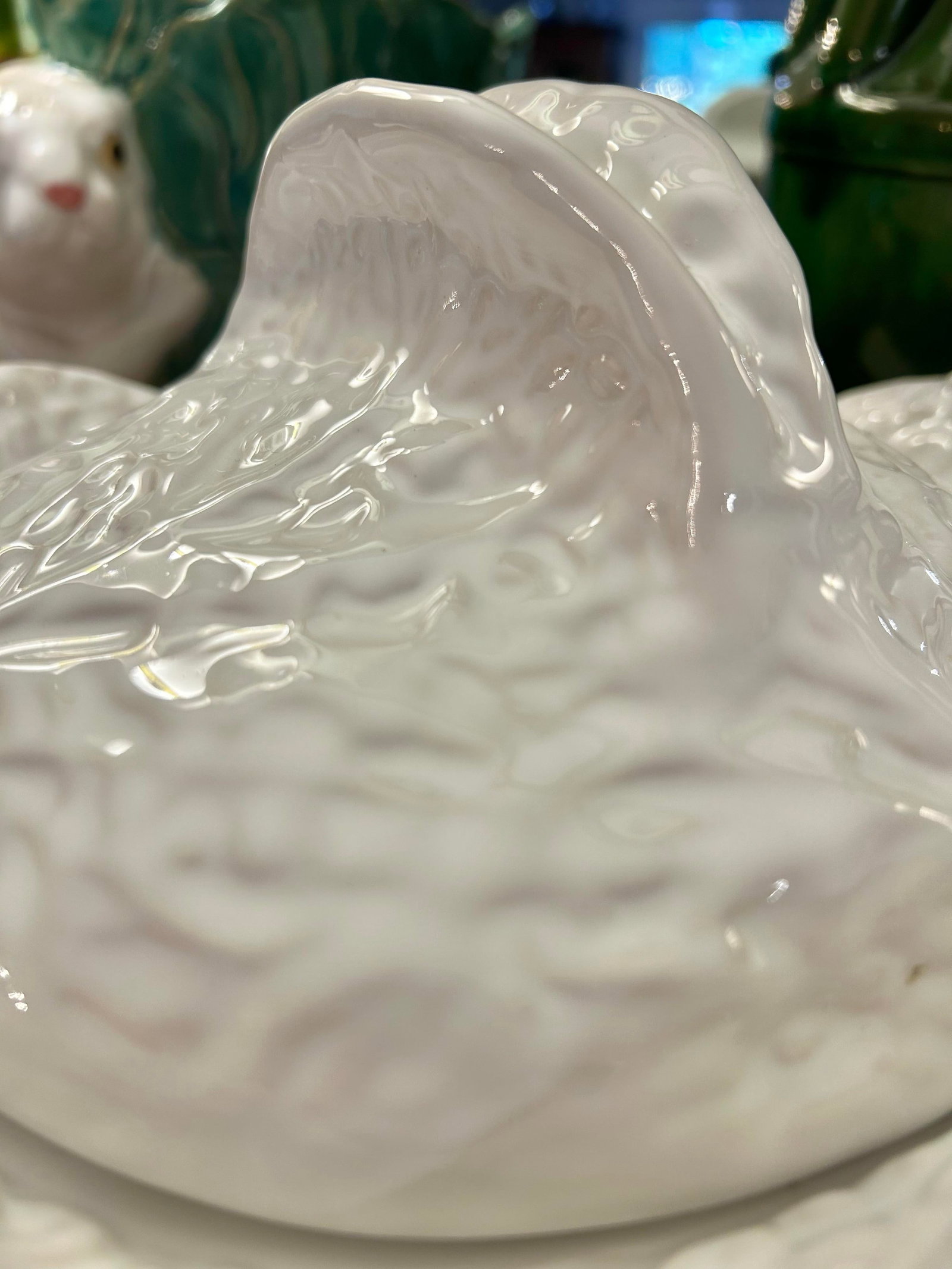 Vintage Portuguese White Majolica Cabbage Ware Tureen With Lid and Underplate - 7