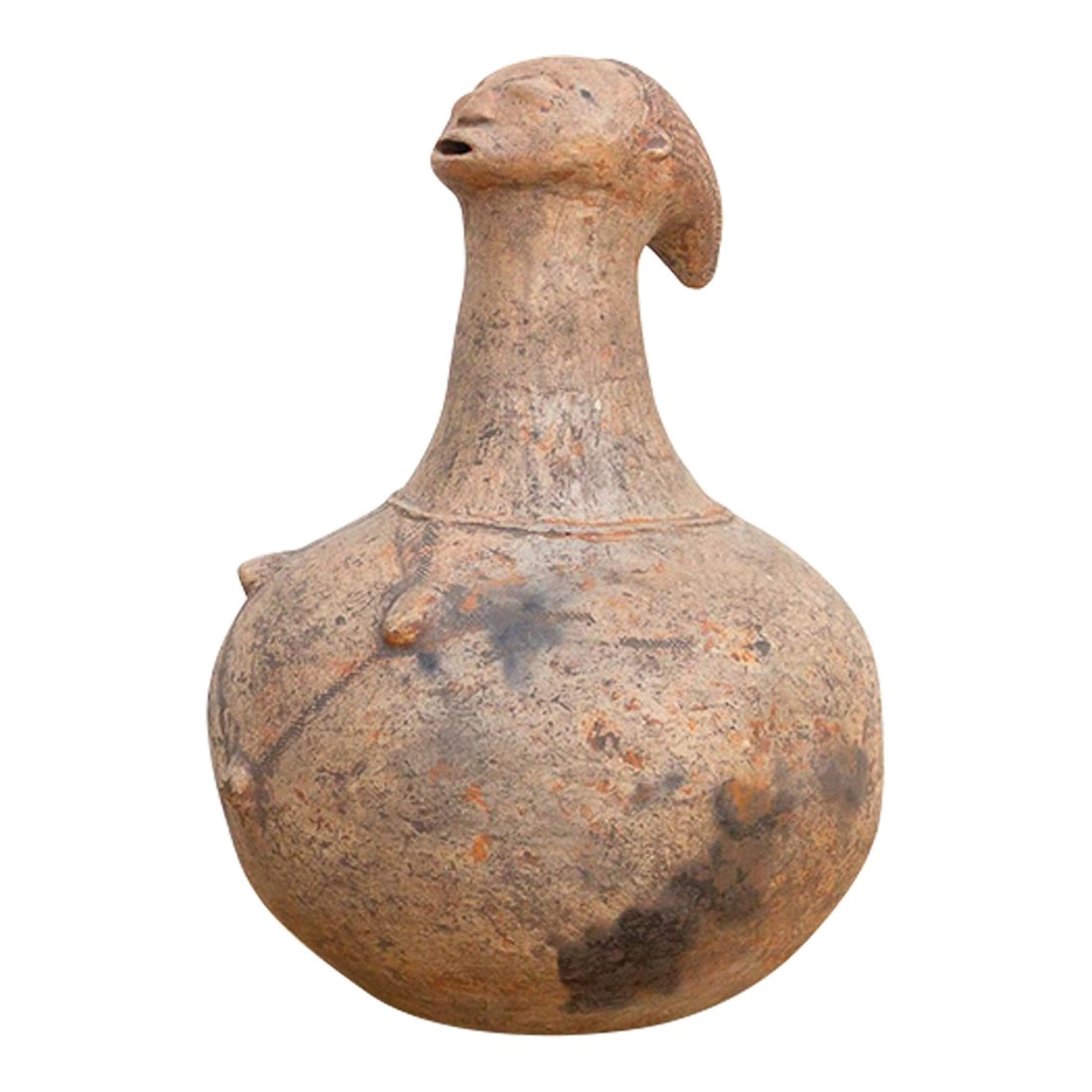 Antique Mangbetu Anthropomorphic Terracotta Vessel: This 15-inch high vessel is a classic example of the sophisticated pottery traditions of the Mangbetu people from the northeastern Democratic Republic of the Congo. Mangbetu art is celebrated for its 