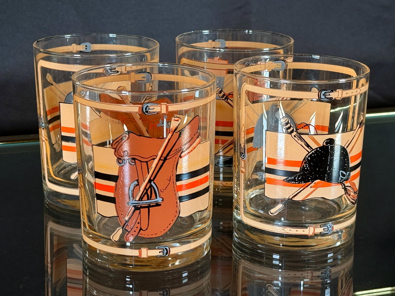 Mid Century Equestrian Polo Theme Rocks Glasses c.1960s - Set of 4 - 2