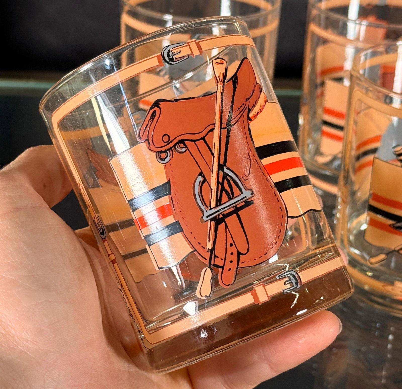 Mid Century Equestrian Polo Theme Rocks Glasses c.1960s - Set of 4 - 3