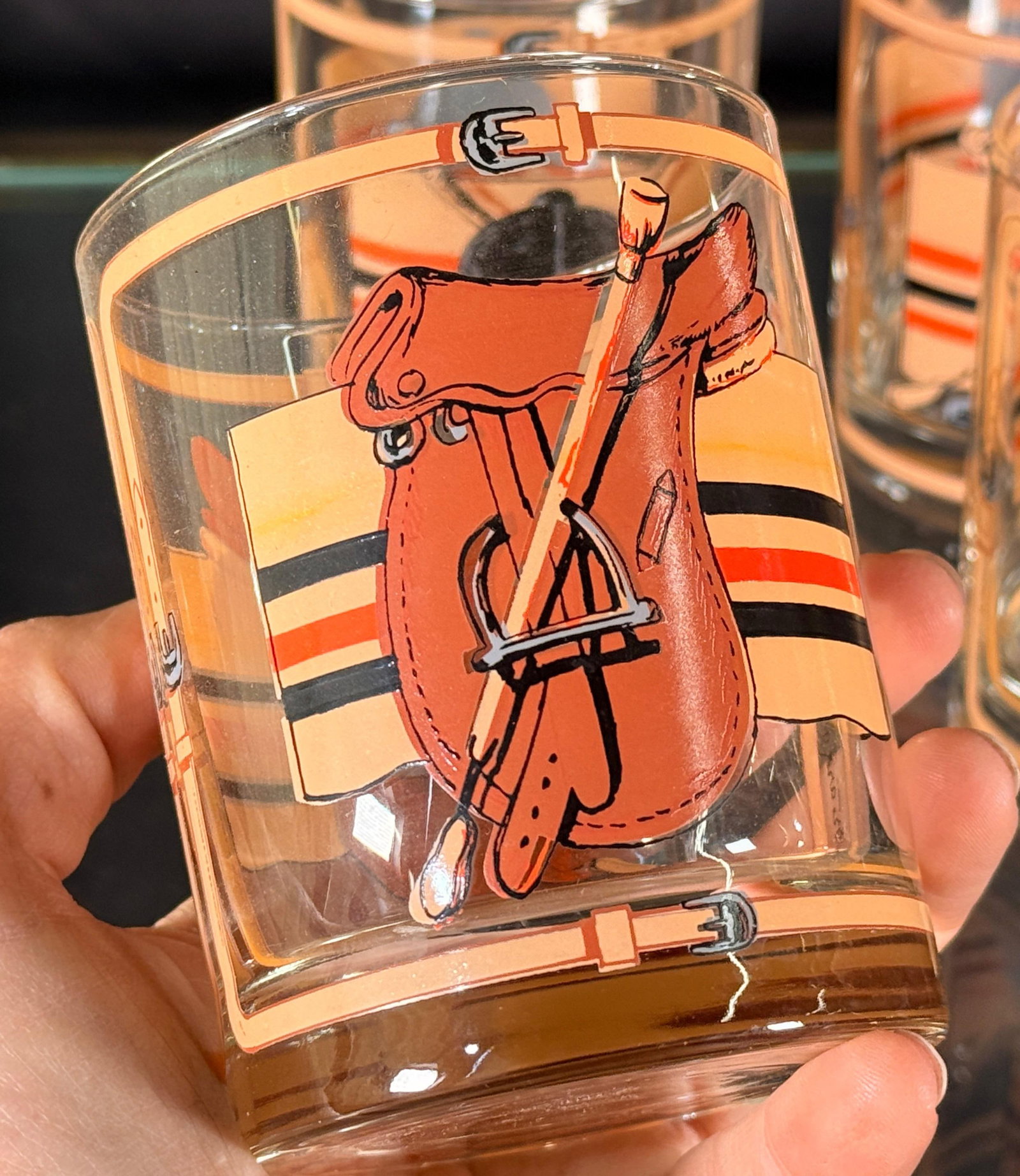 Mid Century Equestrian Polo Theme Rocks Glasses c.1960s - Set of 4 - 5
