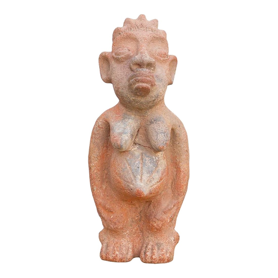 Antique Terracotta Nok Female Fertility Figure: This 18-inch terracotta figure is a powerful representation of the Nok sculptural tradition of Northern Nigeria, one of the earliest known producers of large-scale terracotta in sub-Saharan Africa.