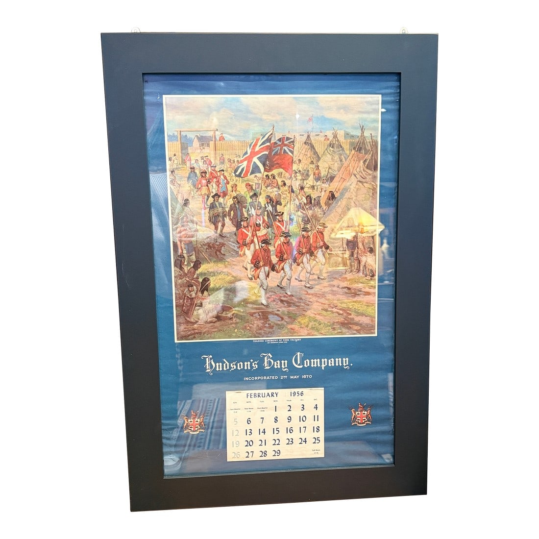 Rare 1956 Hudson's Bay Company Calendar Framed Canadian Historical Print: Rare vintage 1956 Hudson's Bay Company calendar featuring a richly detailed historical scene titled "Trading Ceremony at York Factory." The artwork depicts British soldiers and traders alongside