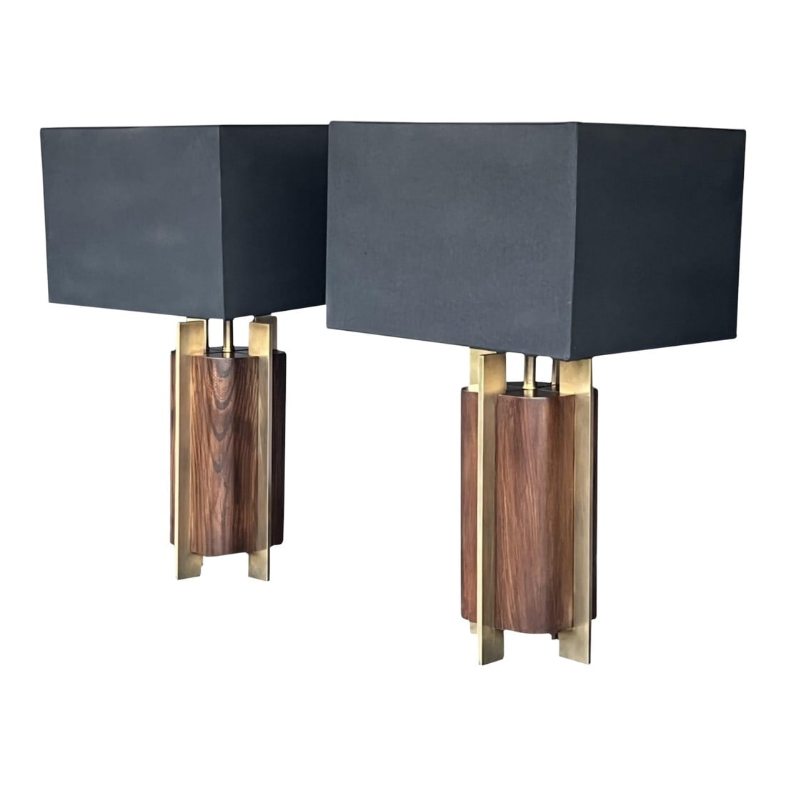 1960s Sculptural Mid-Century Modern Table Lamps in Wood & Brass - a Pair: This striking pair of Mid-Century Modern table lamps showcases a sculptural design that blends warm wood tones with clean architectural lines. Crafted from wood and newly finished, the bodies