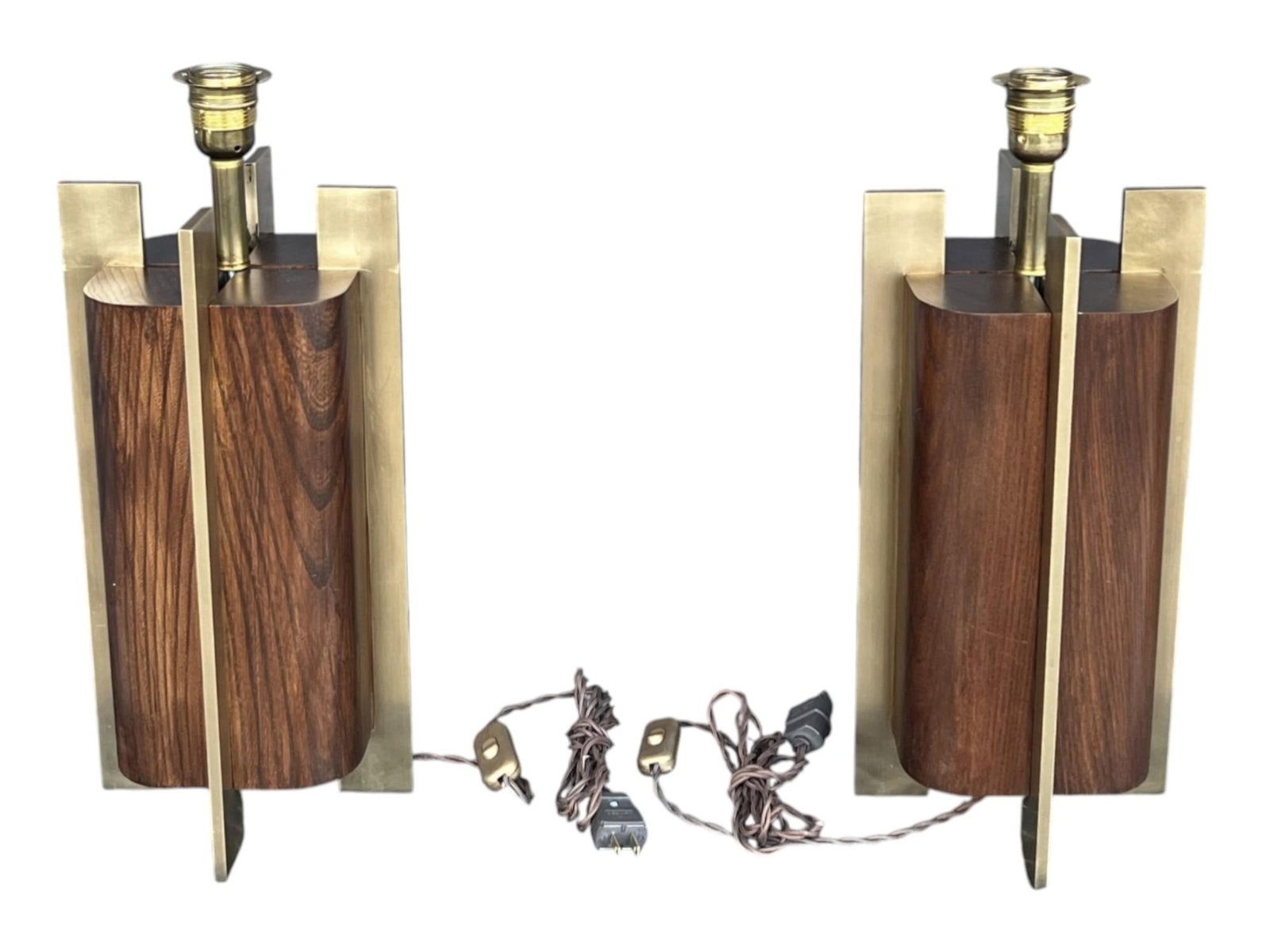 1960s Sculptural Mid-Century Modern Table Lamps in Wood & Brass - a Pair - 9