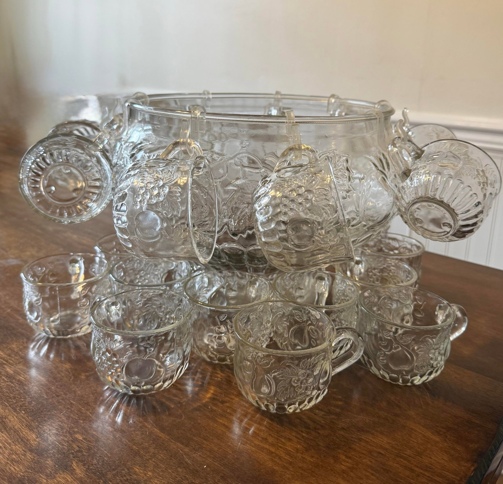 Mid 20th Century Jeanette Glass Fruit Pattern Punch Bowl Set - 34pcs - 6