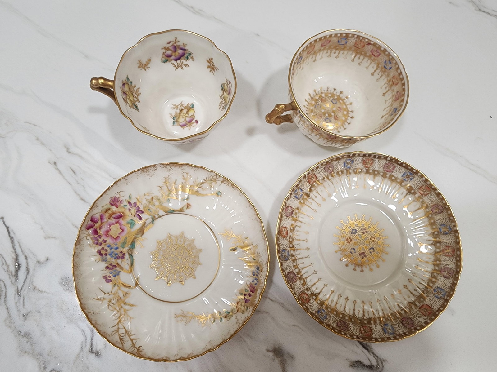 2 Belleek Willets Signed M a Hand Painted Teacups and Saucers - 2