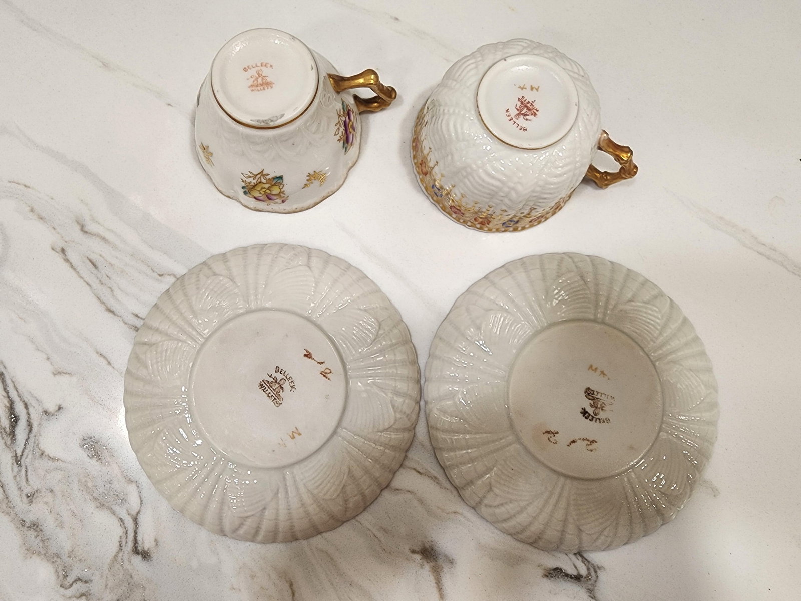 2 Belleek Willets Signed M a Hand Painted Teacups and Saucers - 4