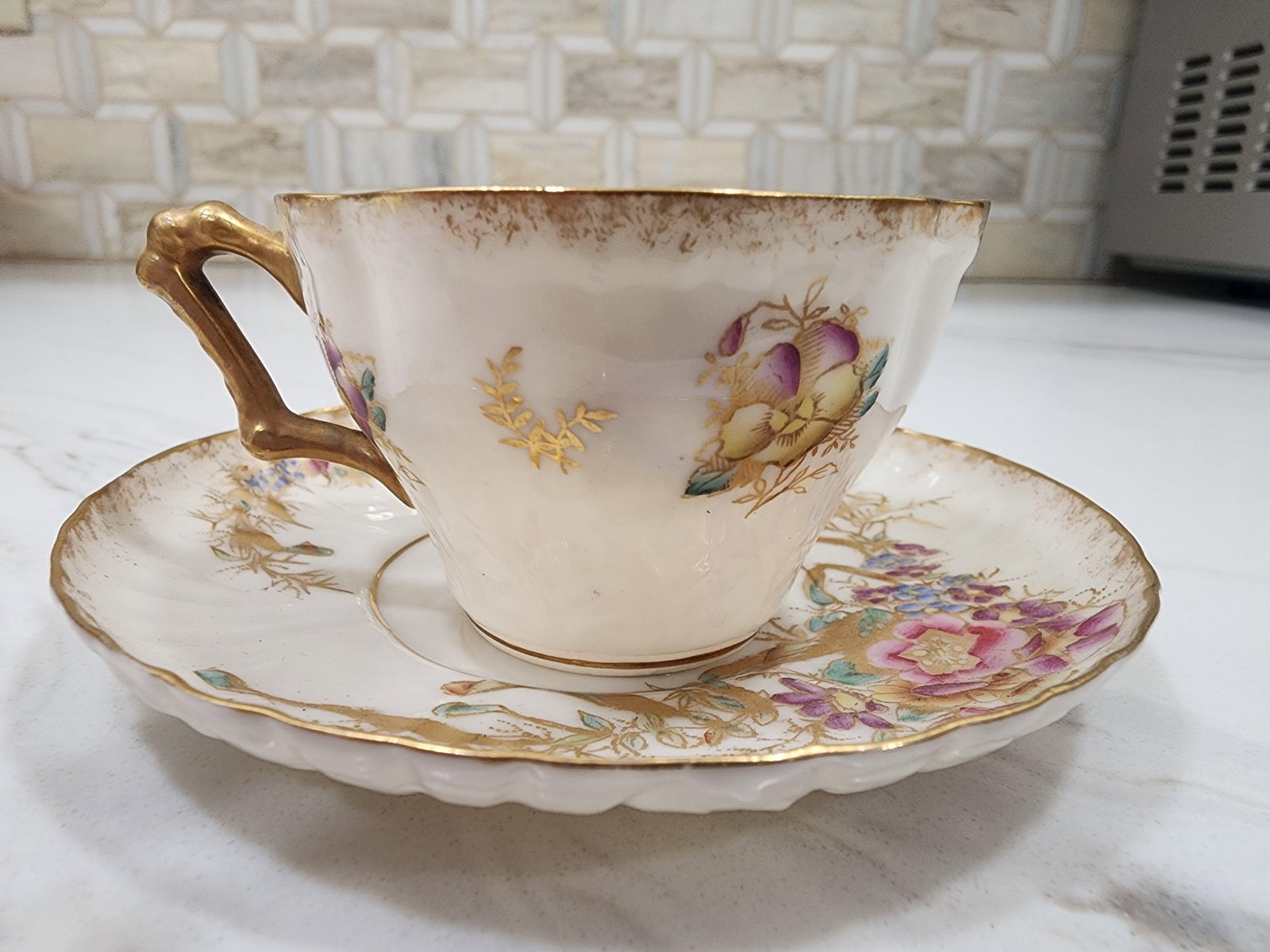 2 Belleek Willets Signed M a Hand Painted Teacups and Saucers - 7