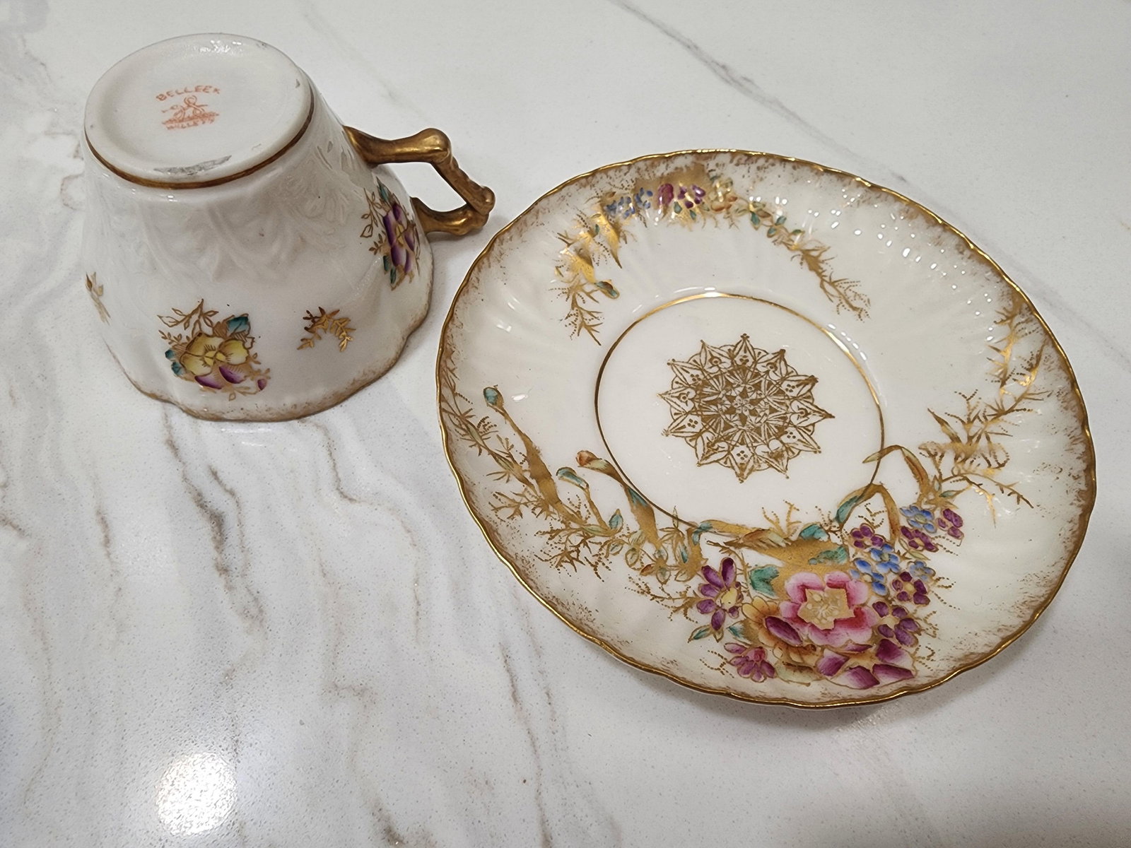 2 Belleek Willets Signed M a Hand Painted Teacups and Saucers - 8