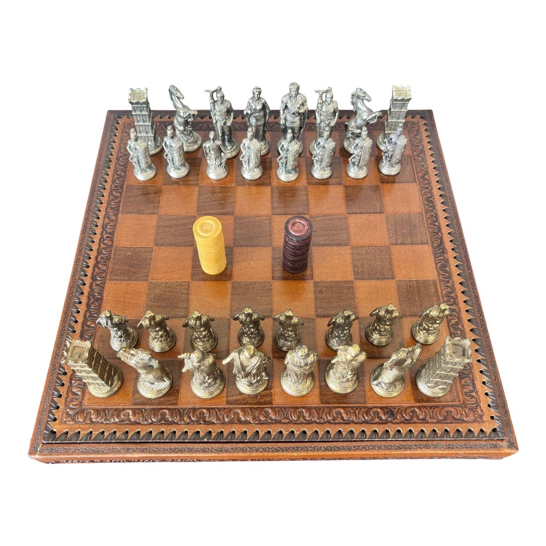 Italian Roman-Style Chess Set Cast Metal and Leather Leather Board Circa 1960 (1 of 15)