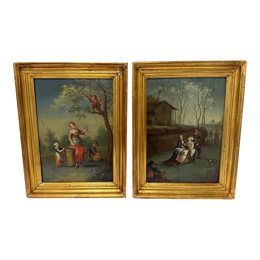 Pair, Continental School, 19th Century Dutch Taste Seasonal Genre Paintings: This companion pair of oil paintings on board presents two contrasting seasonal vignettes in the manner of Northern European cabinet pictures, each composed with a narrative foreground set against a s