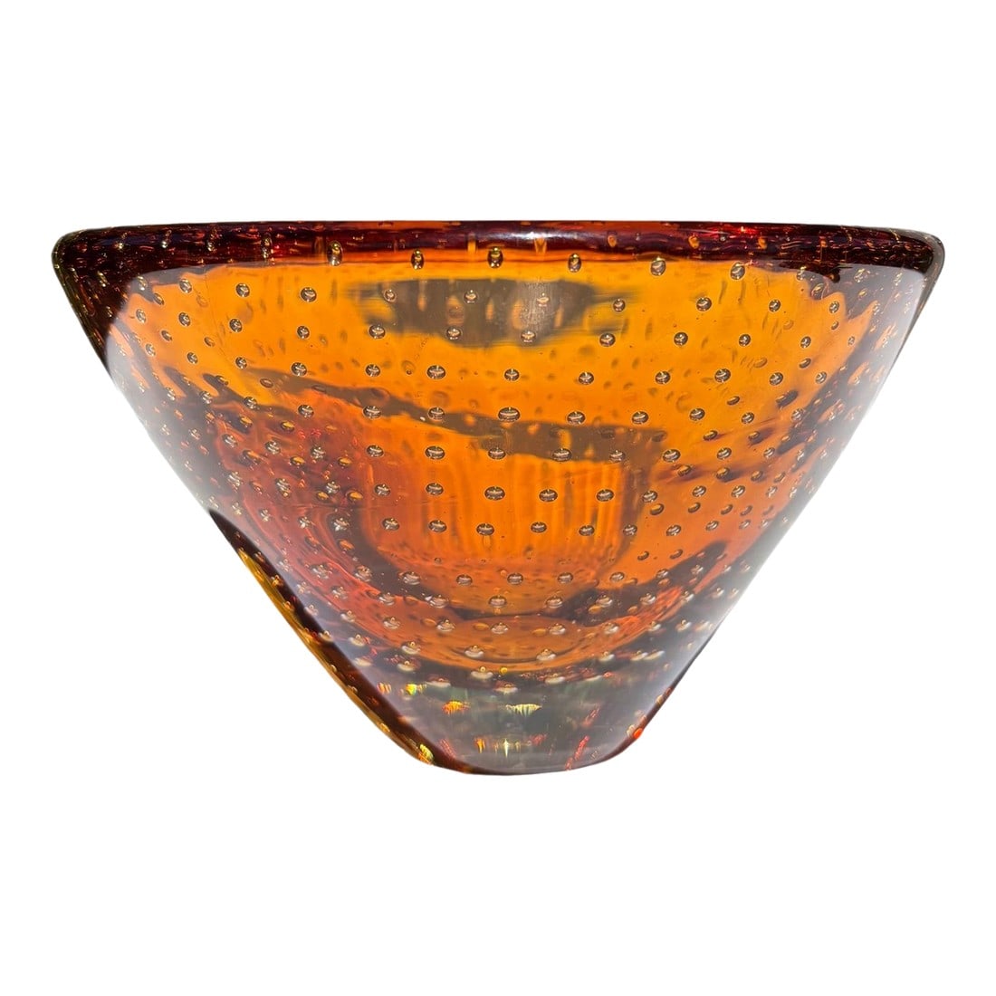 Murano Amber Bullicante Art Glass Bowl, C. 1970s: This Mid-Century Italian art glass bowl exhibits the bullicante technique "” a controlled bubble matrix suspended throughout the glass wall "” in a rich amber-to-ruby gradient achieved