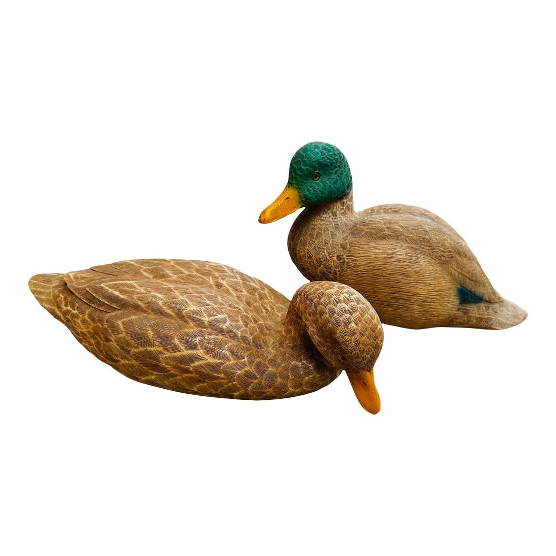 Vintage Pair of Mallard Duck Decoys: Vintage Pair of Mallard Duck Decoys perfect for the home office of bookshelf or even a boys room, or man cave. Made of a plastic type material Signed under bill. Green-11in w x 7.25in h x 5.25in d Tan