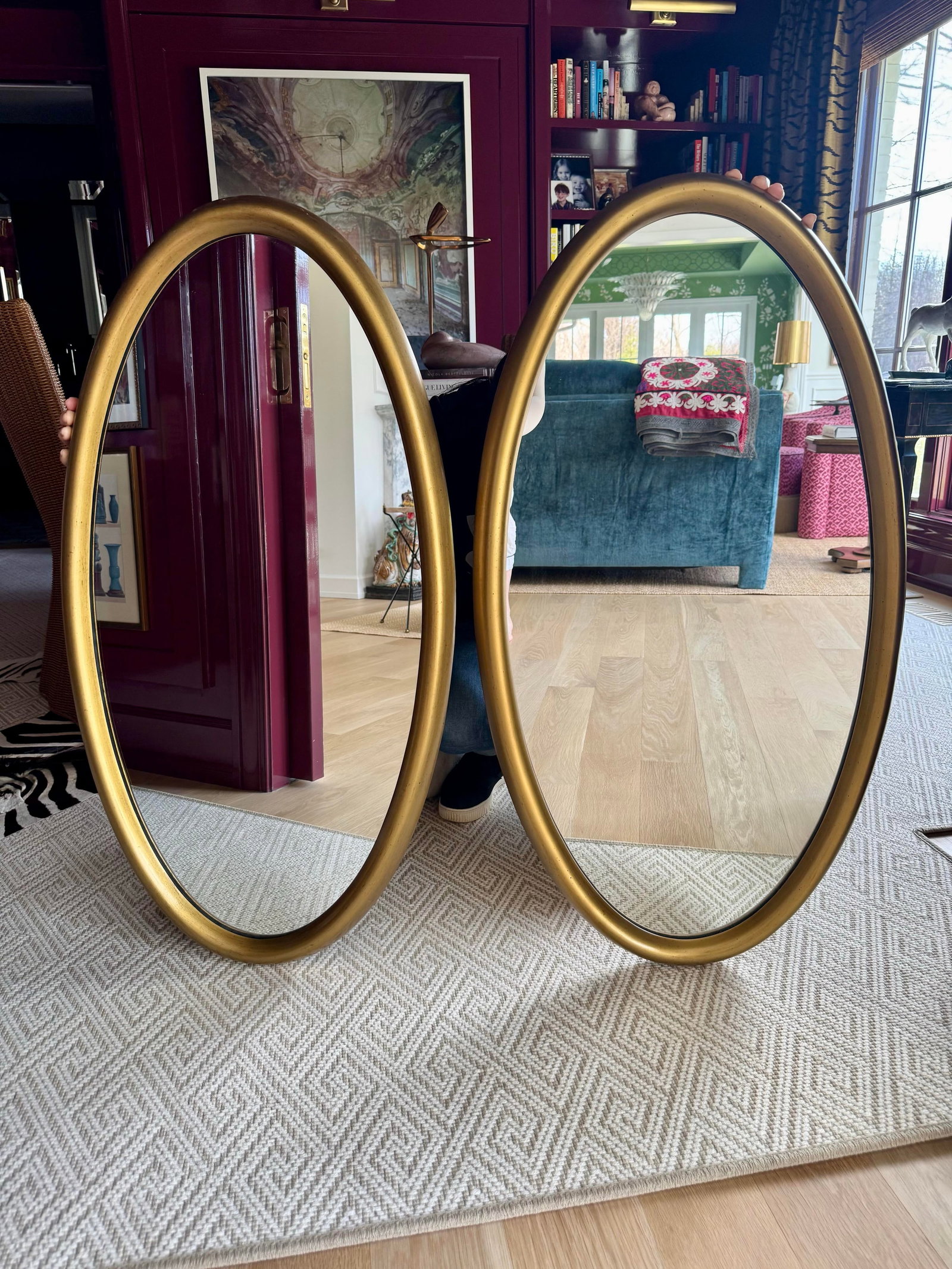 Matching Pair of Mid 20th Century Giltwood Oval Wall Mirrors - 20" X 38" - 4