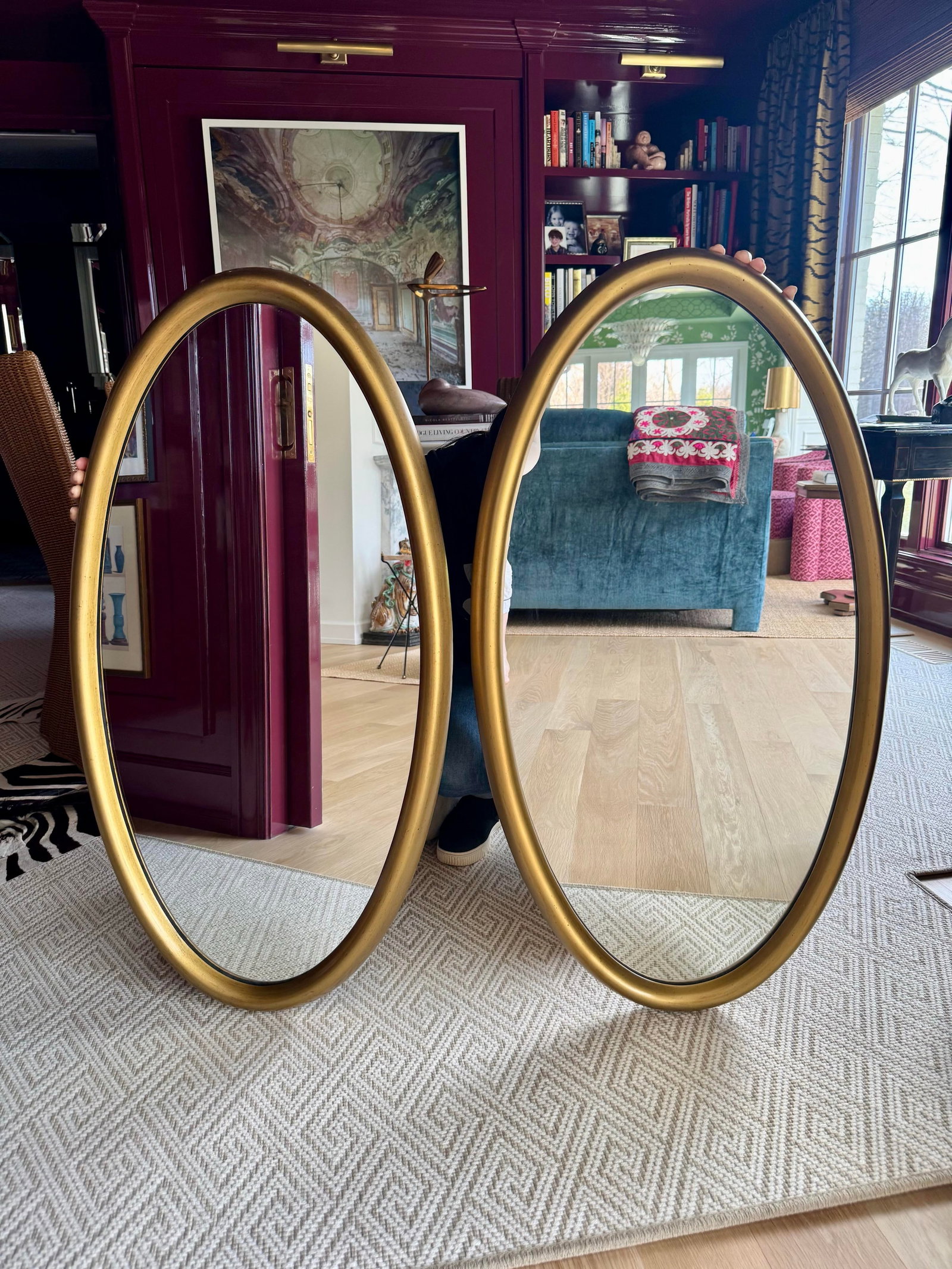 Matching Pair of Mid 20th Century Giltwood Oval Wall Mirrors - 20" X 38" - 6