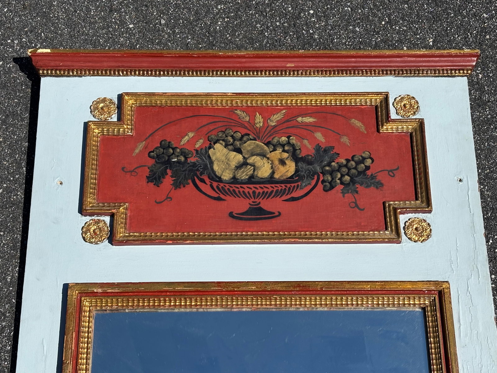 Late 19th C. Trumeau Mirror - Handpainted Classical Details With Gilt Relief and Unusual Colors - 2
