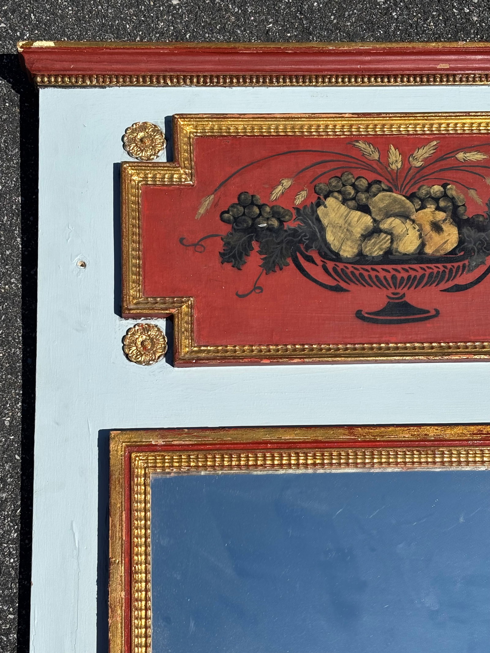 Late 19th C. Trumeau Mirror - Handpainted Classical Details With Gilt Relief and Unusual Colors - 7