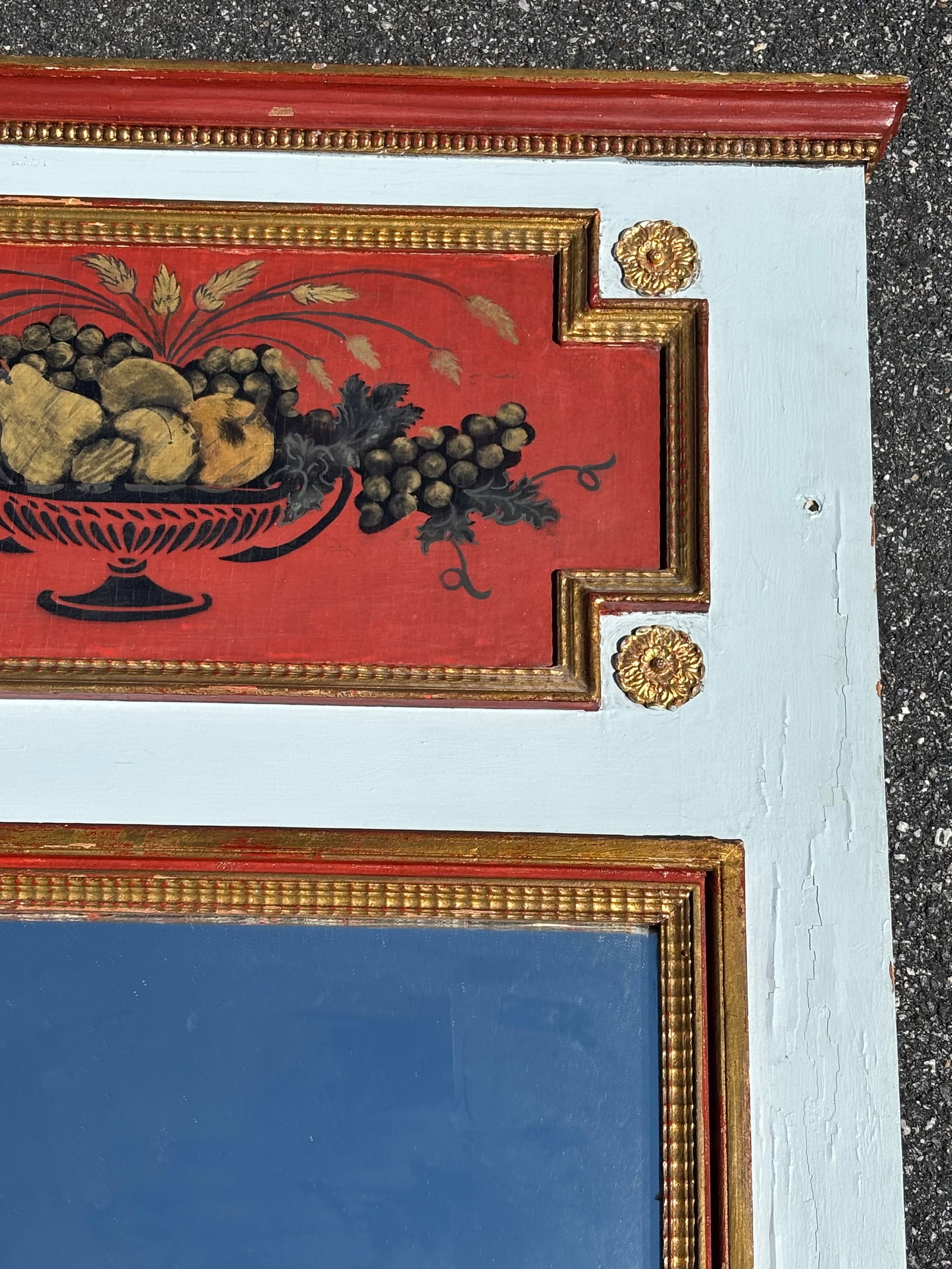 Late 19th C. Trumeau Mirror - Handpainted Classical Details With Gilt Relief and Unusual Colors - 8