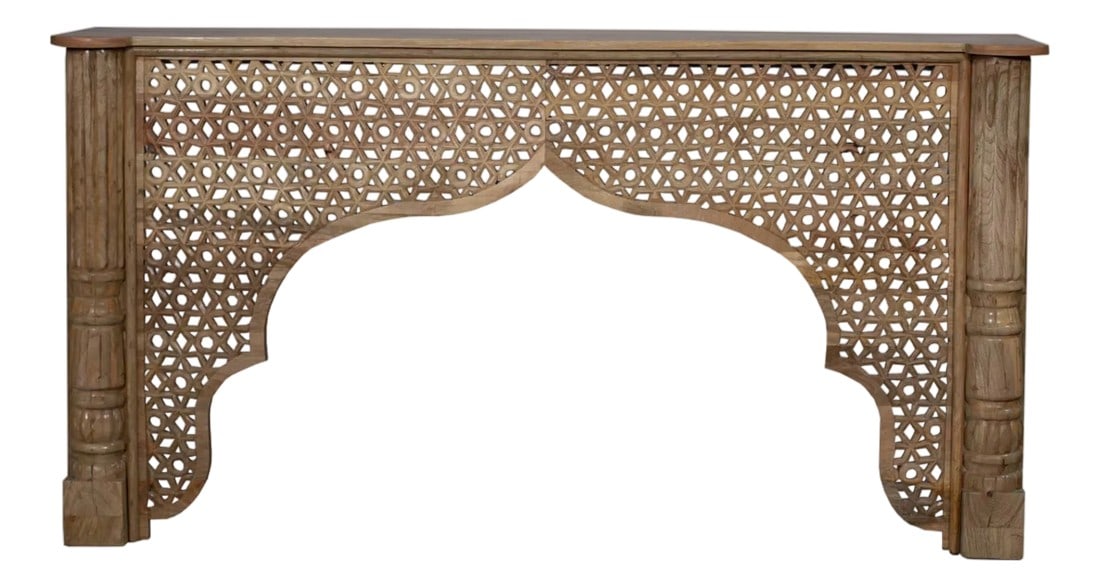 1960s Rustic Brown Reclaimed Wood Console Table With Lattice Arch Carving – 1 Piece: Transform your home into a sanctuary of global elegance with this magnificent Mediterranean Style Carved Lattice Arch Solid Wood Console. A true masterpiece of artistry, this 75 inch long table is