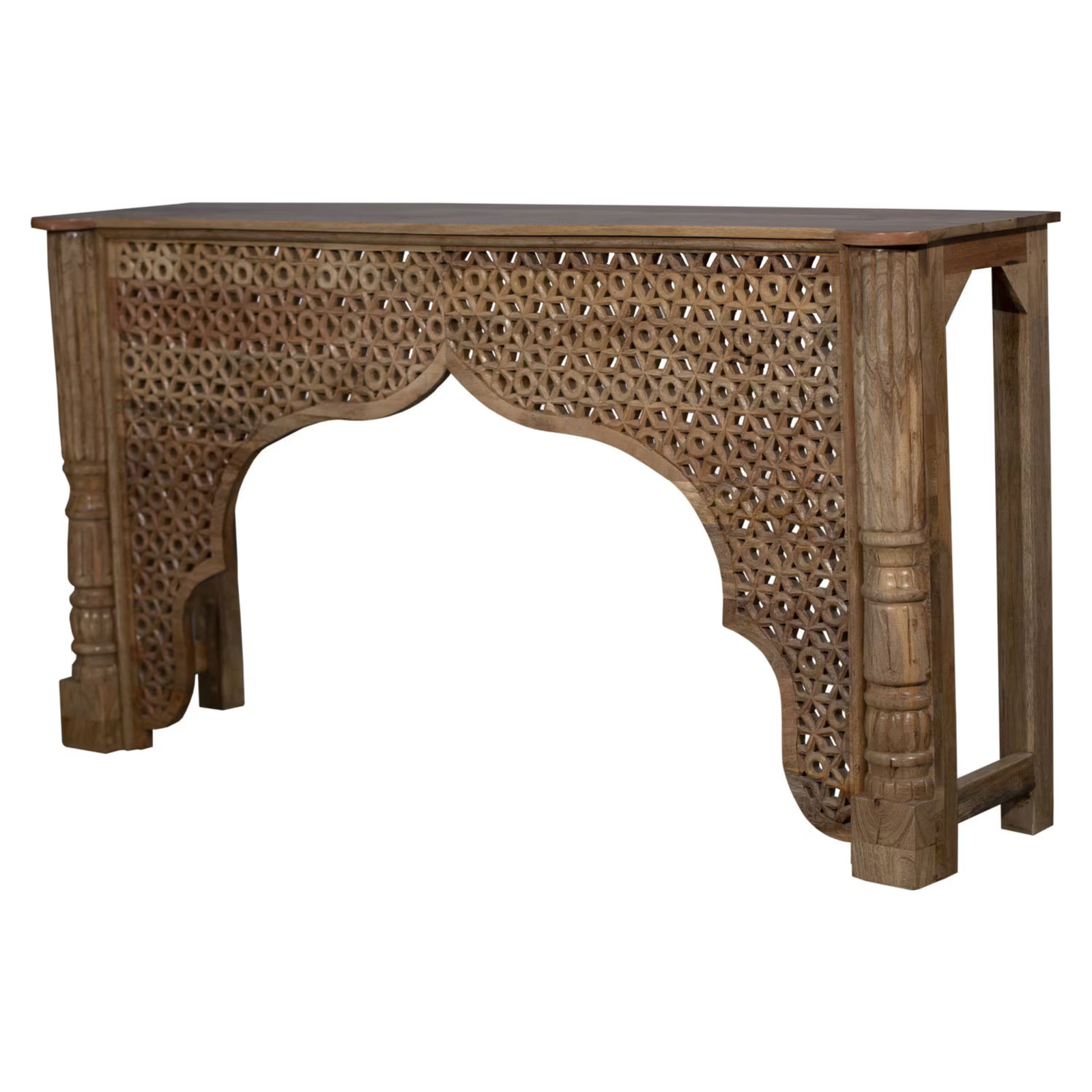 1960s Rustic Brown Reclaimed Wood Console Table With Lattice Arch Carving – 1 Piece - 2