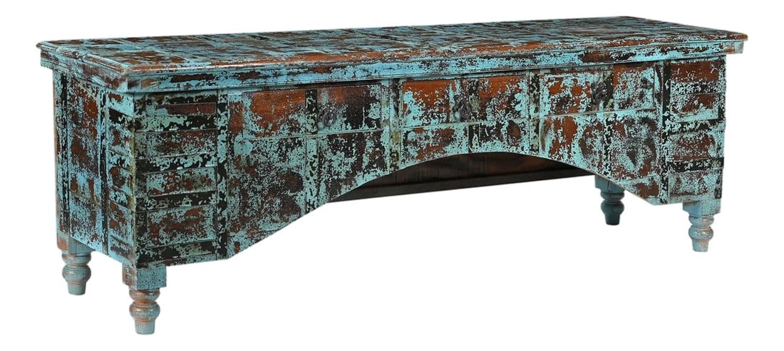 1930s Rustic Farmhouse Blue Reclaimed Wood Storage Bench: Welcome a piece of coastal history into your home with this breathtaking 69 inch Reclaimed Timber Mudroom Seat. Originally a rare antique Wooden Hope Chest, this unique find has been masterfully
