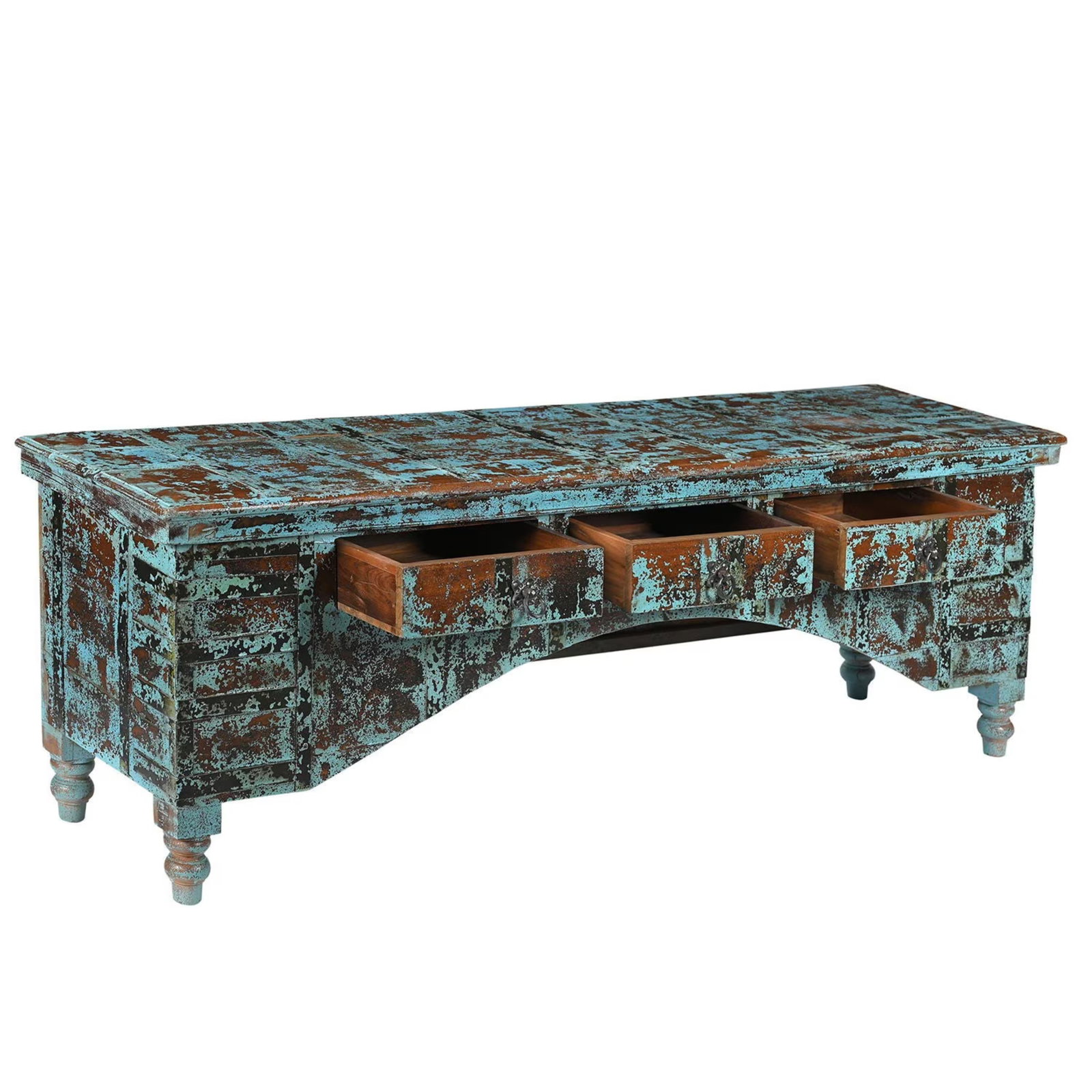 1930s Rustic Farmhouse Blue Reclaimed Wood Storage Bench - 3