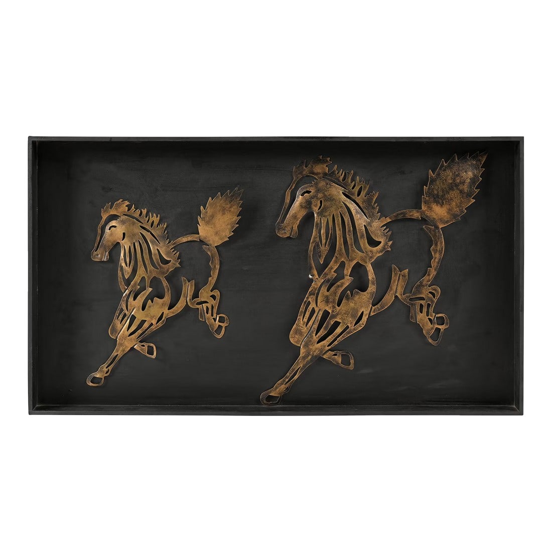 V3d Gold Metal Horse Wall Art on Black Mango Wood Frame | Equestrian Running Stallion Sculpture | Mo: Capture the untamed spirit of the open range and bring the dynamic beauty of the wild into your home with this exquisite Metal Horse Wall Art 3D Sculpture. A true masterpiece of traditional artistic c