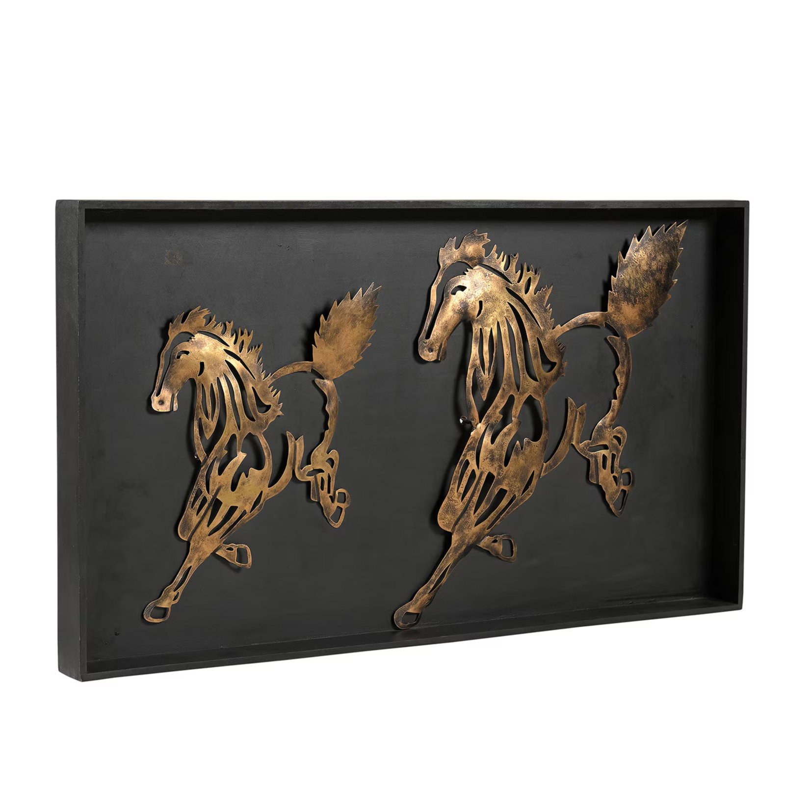 V3d Gold Metal Horse Wall Art on Black Mango Wood Frame | Equestrian Running Stallion Sculpture | Mo - 2