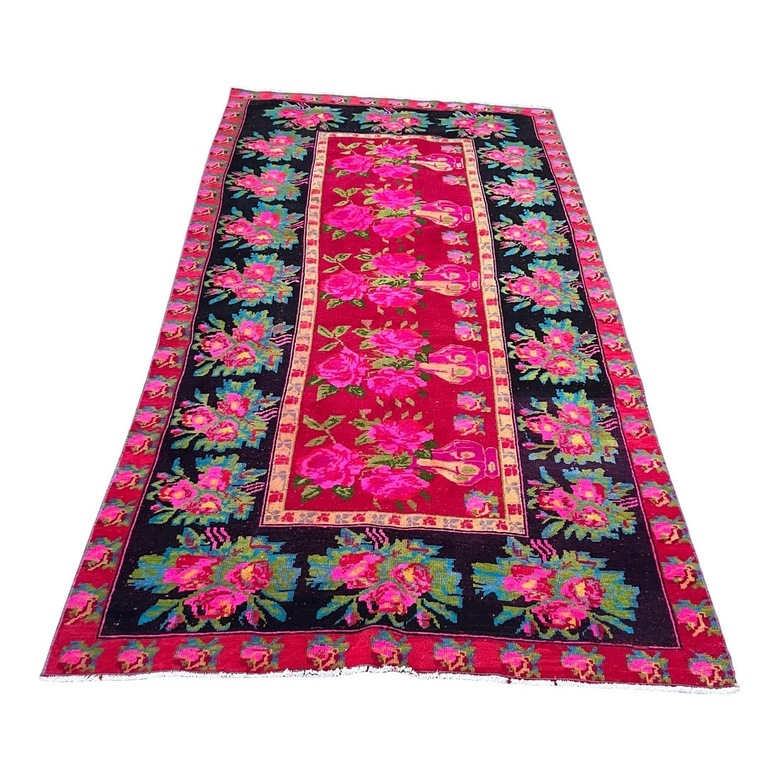 1930s Vintage Karabakh Rug Caucasian Handwoven Wool on Cotton Foundation pinkVibrant Floral Rug -: All rugs have been professionally cleaned; original condition is not altered, age-related wear is considered normal in these unique, hand woven vintage rugs. It is common for slight variations in